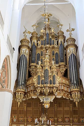 Germany, Mecklenburg-Vorpommern, Stralsund. St. Marys Church interior, UNESCO Site. Organ pipes. Classical Print